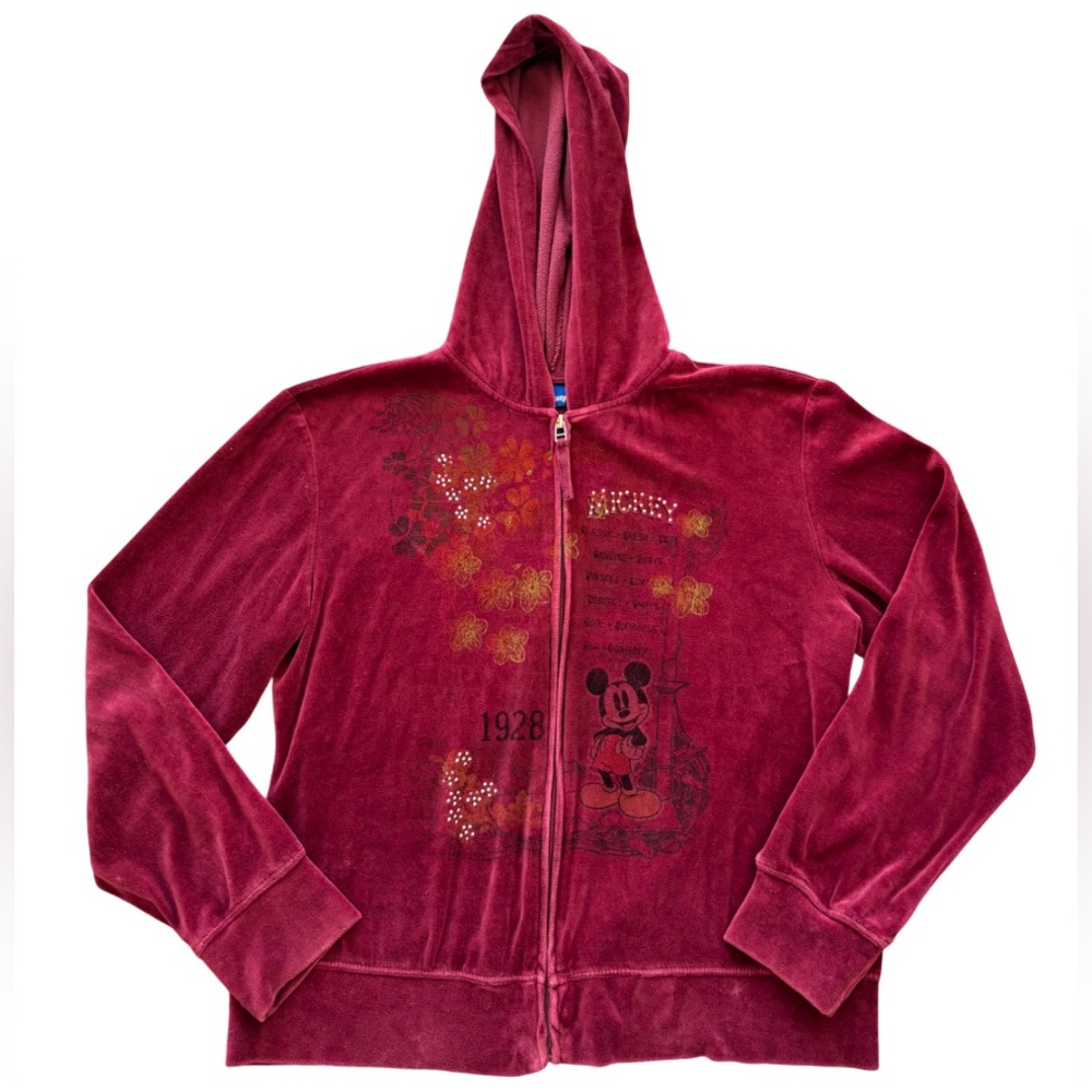 Vintage Y2K Disney Velvet Maroon Embellished Zip-Up Hoodie Size XL